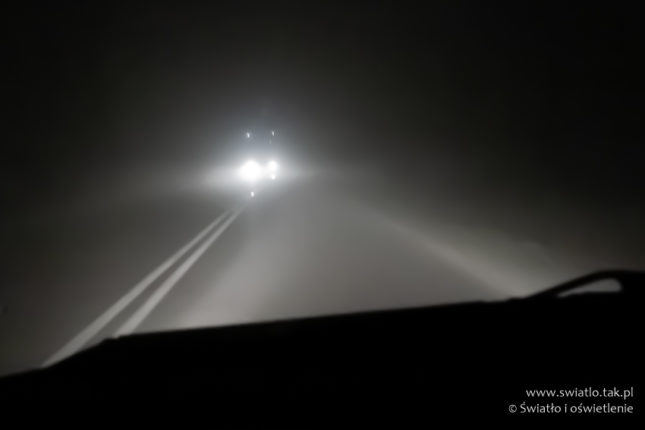 Droga we mgle i oświetlenie z samochodów